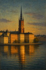 Stockholm Island Glow: Historic Church Reflection at Dusk