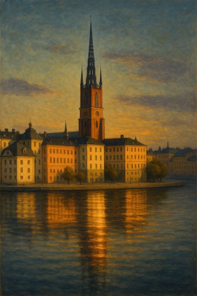L'île de Stockholm resplendit : Reflet d'une église historique au crépuscule par Travel Shop
