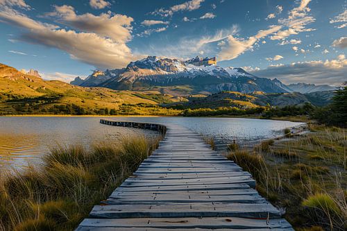 Brug naar serene berglandschap bij meer