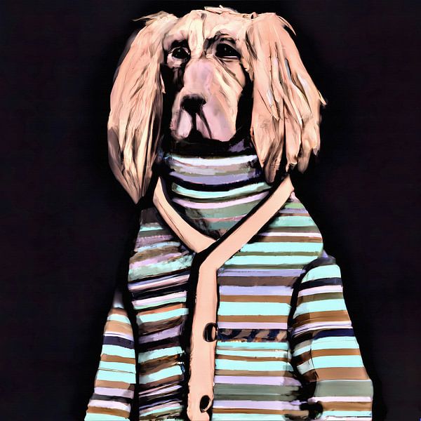Stately portrait of a distinguished dog wearing a vest by Maud De Vries