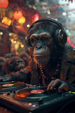 Cooler Monkey DJ, der bei Vibrant Party Platten auflegt von Felix Brönnimann