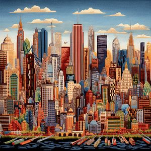 Broderie à l'aiguille City Skyline urbain détaillé multicolore