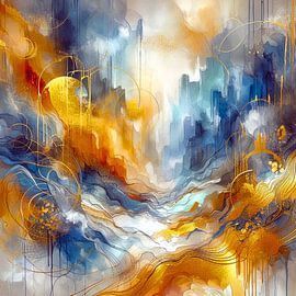 Abstract in blauwe tinten en goud.  ( 10 ) van Ineke de Rijk