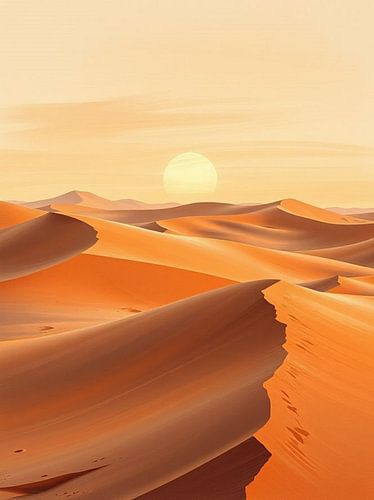 Sereniteit in de woestijn: Een gouden zonsondergang boven zonovergoten duinen