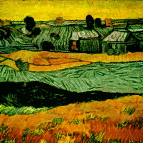 Weilanden en graanakkers in de avondzon