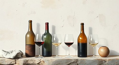 wijnschilderij meerdere flessen op oud verweerd houten balk.