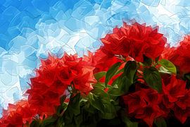 Abstract red flowers against blue sky by Art & Soul Creations