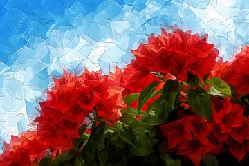 Abstracte rode bloemen tegen blauwe lucht van Art & Soul Creations