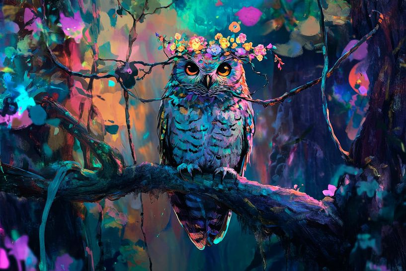 Hibou multicolore dans la forêt enchantée par Poster Art Shop