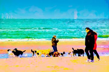 Promenade des chiens sur la plage sur Frans Van der Kuil