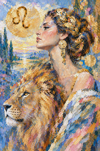 Leo Zodiac Lion Painting – Celestial Gold Astrology Art