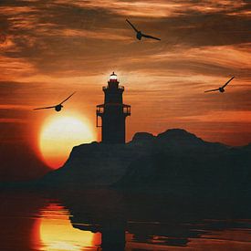 Lighthouse with a sunset and a gull by Jan Keteleer
