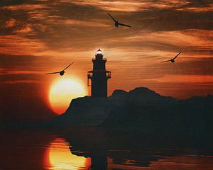 Lighthouse with a sunset and a gull