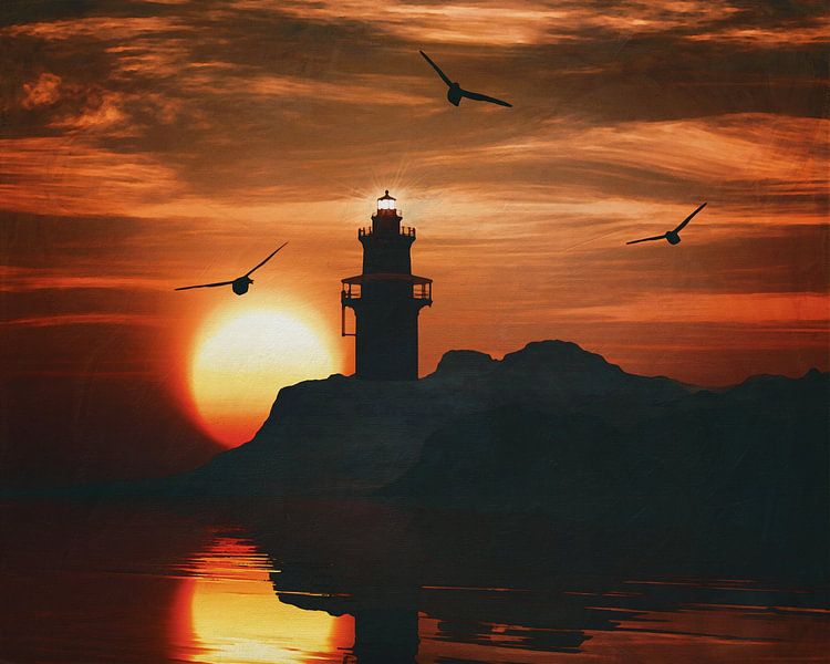 Phare avec un coucher de soleil et une mouette par Jan Keteleer