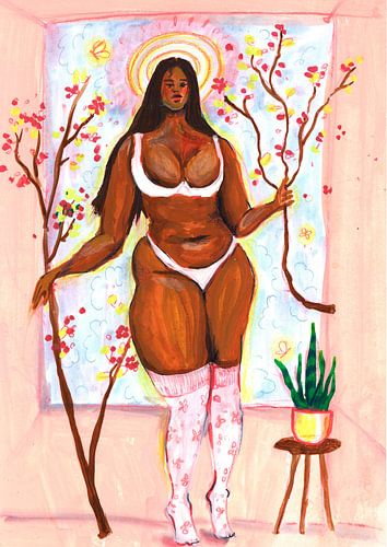 Dikke dame met bloemen