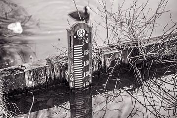 Wasserstandsanzeiger im Poldergraben und Holzdamm in Vintage-Farbe von Jan Willem de Groot Photography
