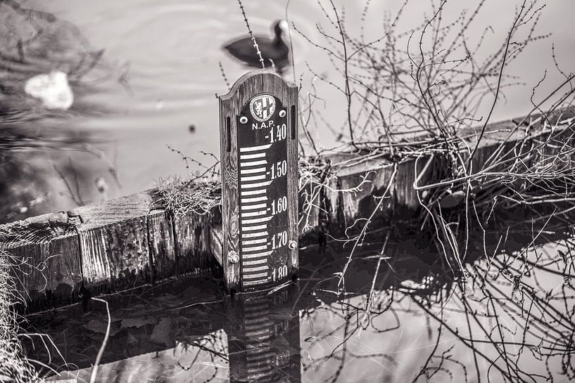 Jauge de niveau d'eau dans un fossé de polder et barrage en bois en couleur vintage par Jan Willem de Groot Photography