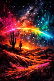 Une nuit magique dans le désert sous la Voie lactée – Une fresque murale colorée représentant une galaxie et des cactus sur ButterflyPix