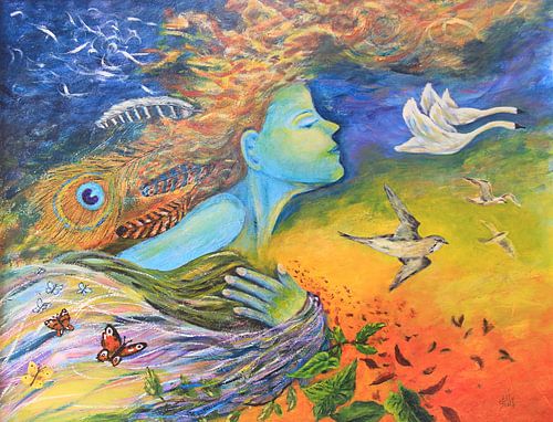 Flying in the air with animals. Fantasy painting.