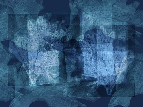 Minimalistische, abstrakte botanische Kunst in Blau. Der Tanz der Blätter