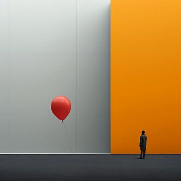 Minimalisme in yellow en red balloon van Natasja Haandrikman