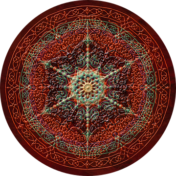 Mandala, rood met verdikte, opliggende lijnen van Rietje Bulthuis