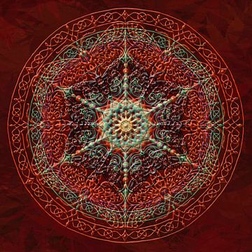 Mandala, red and thickened, raised lines by Rietje Bulthuis