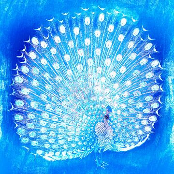 Peacock on blue by Mad Dog Art