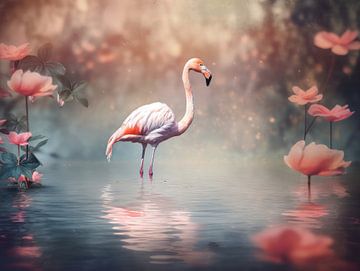 Flamingo in dreamy water by Eva Lee