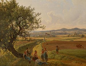 Josef Rebell, Ansicht von Gut Emmersdorf und Schloss Rothenhof mit Stift Melk im Hintergrund, 1826