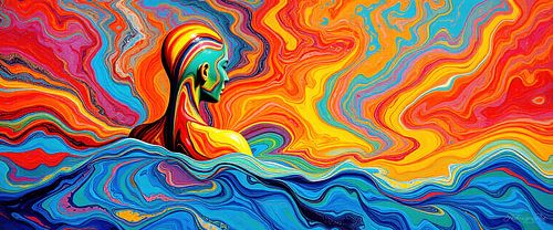 De vrouw die zich onderdompelt in de oneindige zee van kleuren - de samensmelting van het lichaam met de stromende energie van de regenboog