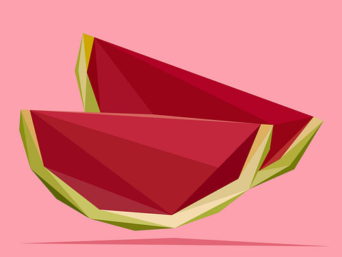 Low-poly-abstractie van twee plakjes rode watermeloen