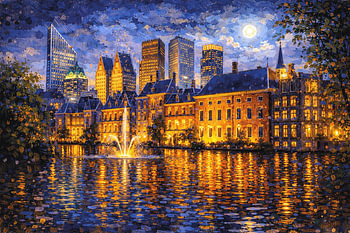 Den Haag in de avond, Nederland schilderij.