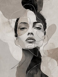 Portrait féminin abstrait et minimaliste dans des tons neutres de noir et de beige sur Alfonz