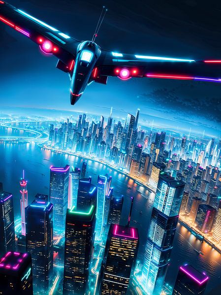 Ein futuristisches Flugzeug über einer modernen Stadt von Retrotimes