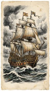 Vintage Sailing Ship in Stormy Seas: Hand-Drawn Historical Illustration