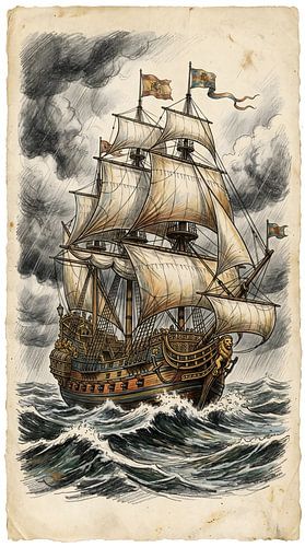 Vintage Sailing Ship in Stormy Seas: Hand-Drawn Historical Illustration