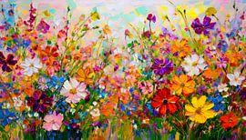 Painting of a field of flowers in bright colours by Studio Pieternel