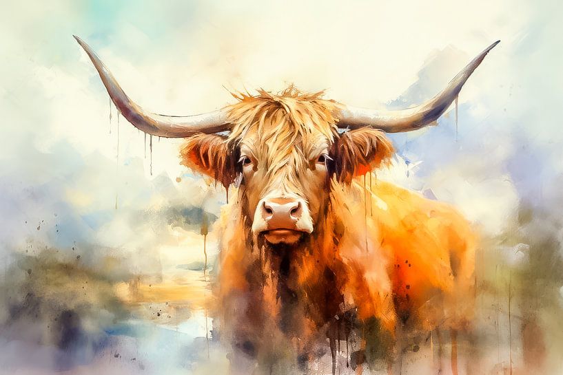 Schottischer Highlander in Aquarell von Thea