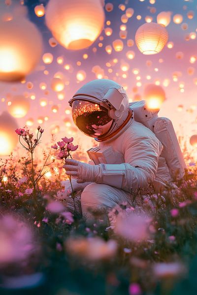 Astronaut picks flowers in the evening light by Poster Art Shop