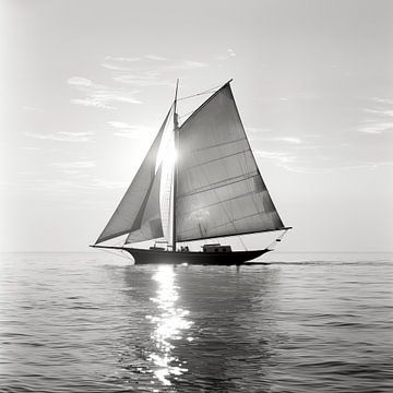 Zeilboot bij een zonsondergang zwart-wit lichte kleuren van TheXclusive Art