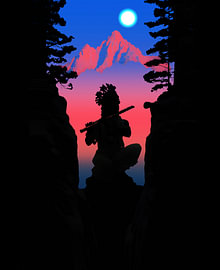 Ein Flötenspieler in der Abenddämmerung – Kunstwerk „Bergsilhouette“ von RAMYHEFNY-GALLERY