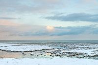 Reflection of the pastel-coloured sky on the water between the ice on the Wadden Sea near Terschelli