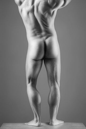 Gespierde man's achteraanzicht in zwart-wit