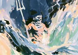 Poseidon Gott des Meeres mit Dreizack in wilden Wellen