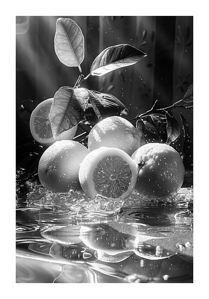 Fresh lemons on reflective glass surface with lighting by Poster Art Shop