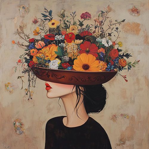 Flower portrait | Woman with Hat Full of Flowers by Eye catching paintings