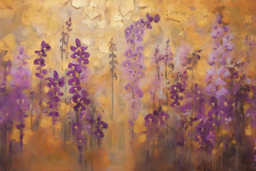 Lila Blumen auf einem goldenen Hintergrund von Whale & Sons