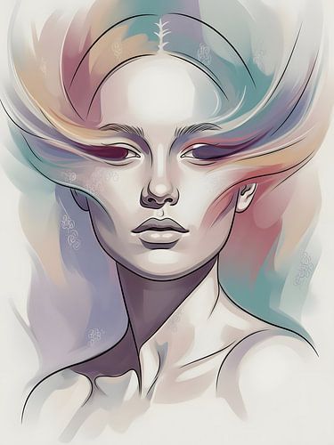 Surrealistisch abstract vrouwenportret in pasteltinten van fredi arlangga