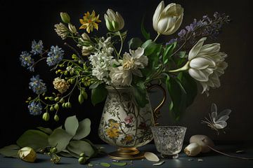 Digitales Stillleben | Vase mit Blumen von Digitale Schilderijen